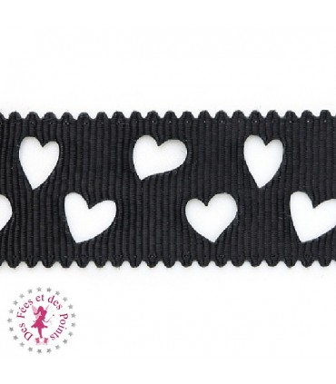 Ruban Gros Grain à Coeurs Ajourés - Noir - 23 mm