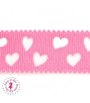 Ruban Gros Grain à Coeurs Ajourés - Rose Vif - 23 mm