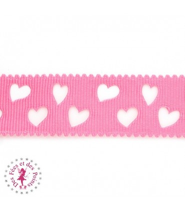 Ruban Gros Grain à Coeurs Ajourés - Rose Vif - 23 mm