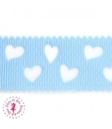 Ruban Gros Grain à Coeurs Ajourés - Bleu Clair - 23 mm