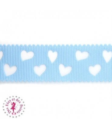 Ruban Gros Grain à Coeurs Ajourés - Bleu Clair - 23 mm