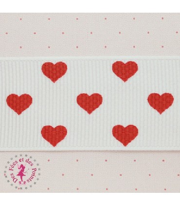 Ruban Gros Grain - Coeurs Rouges - 25 mm