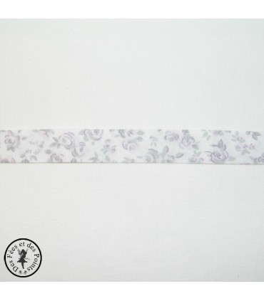 Biais plié à fleurs - Gris/Rose/Blanc